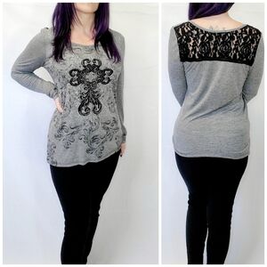 Maurices Graphic Print Long Sleeve Lace Back Top
